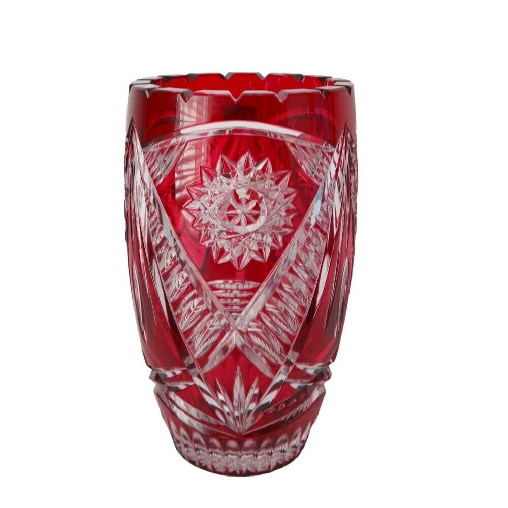 CRANBERRY  Red Pink Large Vase Cut-to-Clear Lead Crystal Bleikristall Germany